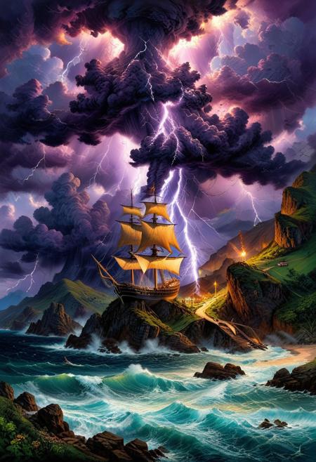 Oil pastel landscape scene where sea waterspout storm with lightning is the focal point. The storm dominates the skyscape while in the foreground a tall pirate sailboat in a steep mountain pass. ((Highest quality: 1.0), (High resolution: 1.0), (masterpiece: 1.0), beautiful and aesthetic: 1.3), extremely detailed, colorful, very detailed, ((ultra-detailed)), (highly detailed CG illustration), ((Dark and purple hues, shadow, mysterious,)),