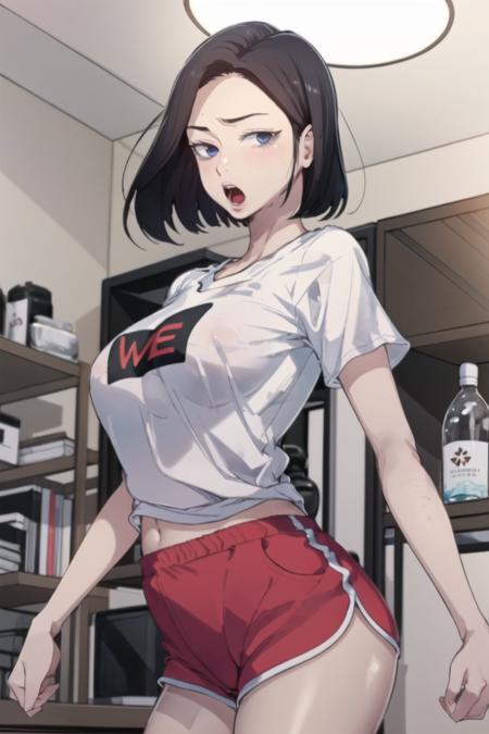 <lora:SooAh:0.9> sooahdef, black hair, blue eyes, short hair
breasts, t-shirt, solo, indoors, red shorts, shirt, 1girl, shorts, short shorts, white shirt, dolphin shorts, open mouth, large breasts, short sleeves, looking at viewer
masterpiece, best quality