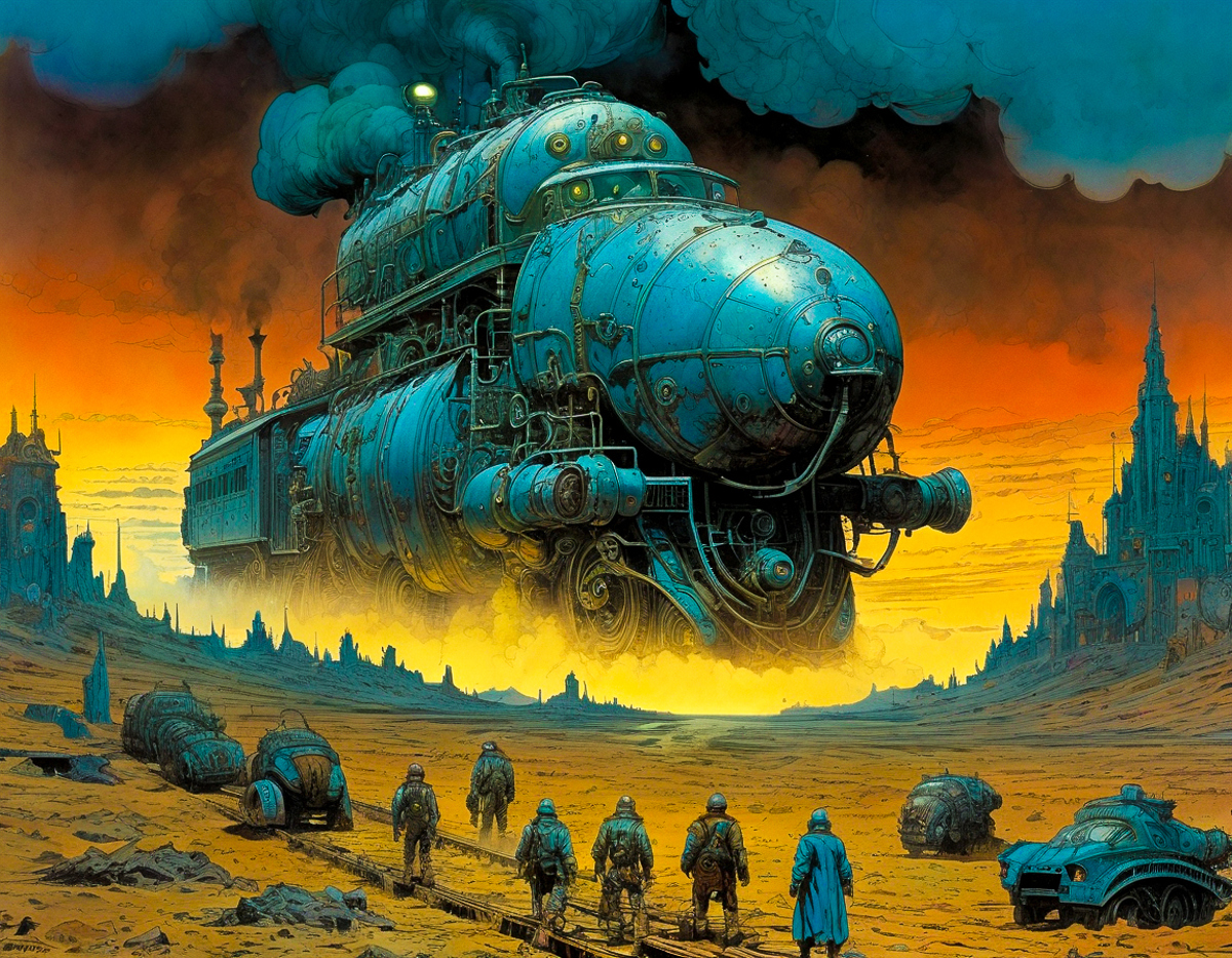 Post-apocalyptic scene with a blue train and people walking on tracks.