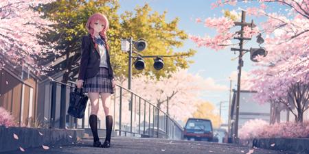 (masterpiece:1.2),best quality,PIXIV,
blues,1girl,solo,cherry blossoms,pink hair,skirt,school uniform,plaid skirt,jacket,blazer,plaid,outdoors,braid,black socks,socks,tree,virtual youtuber,school bag,long sleeves,petals,blurry,pleated skirt,arms behind back,twin braids,kneehighs,standing,shoes,spring \(season\),<lora:blues_20240115150616-000018:1>,