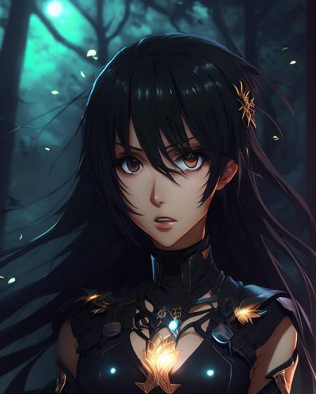 a black anime girl in a leather outfit, anime girl wearing a black dress, jet black haired cyberpunk girl, female cyberpunk anime girl, render of a cute 3d anime girl, detailed portrait of anime girl, portrait of a female   anime hero, portrait of anime woman, photorealistic anime girl render, portrait of an anime girl, anime girl portrait profile, profile of anime girl a woman with a tree like head and a glowing face in the dark forest with a full moon in the background and a tree like body of leaves in the foreground, and a full of the foreground, glowing, glowing eyes, solo, tree, 1girl, no humans, monster, leaf, male focus