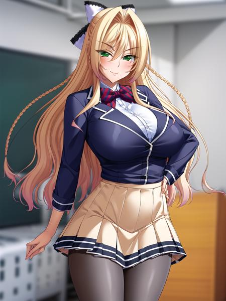 <lora:Onoura_Rikka_lora:0.8>, green_eyes, long_hair, blonde_hair, hair_bow, large breasts,
best quality, (8k), (4k),(Masterpiece), (Best Quality), extremely detailed, intricate, hyper detailed, (perfect face), illustration, perfect_eyes,
(1girl), bishoujo, (portrait:1.3), indoors, student, classroom,
(school uniform), black pantyhose, (pleated_skirt),
(standing),  (smile:0.7), closed mouth, looking at viewer,