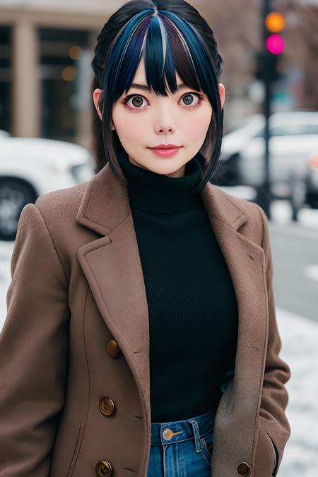 photo of (jillmorph:0.99), a woman, RAW, close portrait photo, long brown coat, turtleneck, long haircut, slim body, (high detailed skin:1.2), 8k uhd, dslr, soft lighting, high quality, film grain, Fujifilm XT3 sharp focus, f 5.6