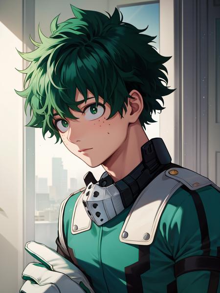 1boy,, masterpiece,best quality, <lora:mha_midoriya-10:1>,midoriya izuku, short green hair, green eyes,green bodysuit, white gloves