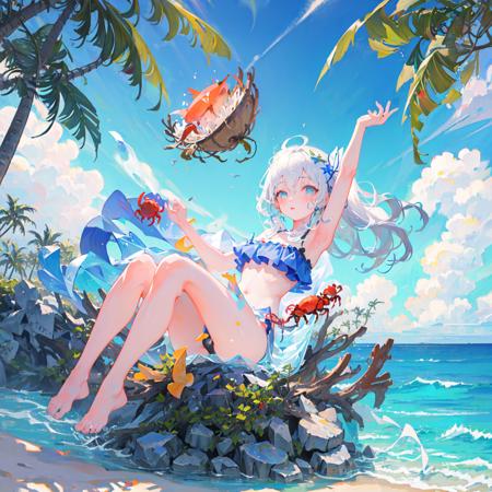 (masterpiece,best quality:1.4),ultra-detailed,illustration,
(solo,1girl,loli:1.2),
Ocean, beach, coconut tree, blue sky, crab, rock, coral,