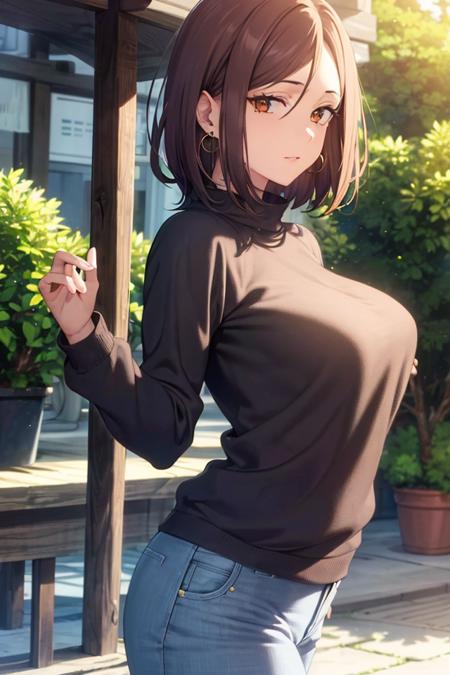 (masterpiece:1.2, best quality), (finely detailed beautiful eyes: 1.2), solo focus,   (extremely detailed CG unity 8k wallpaper, masterpiece, best quality, ultra-detailed, best shadow), (detailed background), (beautiful detailed face, beautiful detailed eyes),  1girl, shoko , brown hair, brown eyes,oversized sweater, long sleeves, jeans, casual clothes, jewelry, earrings,   High contrast, beautiful sexy woman, adult, (best illumination, an extremely delicate and beautiful),(simple backround, outdoors), looking at viewer,beautiful detailed glow,