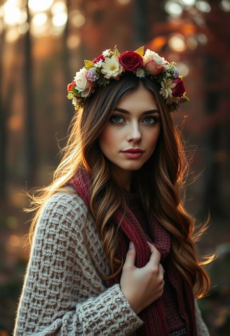 Bohemian Autumn Whisper. Photograph a free-spirited portrait in a forest with Hasselblad H6D and 150mm f/3.2. Use golden-hour backlighting (f/2.8, ISO 100, 1/160s) and a fog machine for mystique. Style with floral crowns and knitted shawls. Blur crimson foliage via f/2.8 bokeh. Post-enhance warm tones, add sun flares, and soften skin with a diffusion filter.