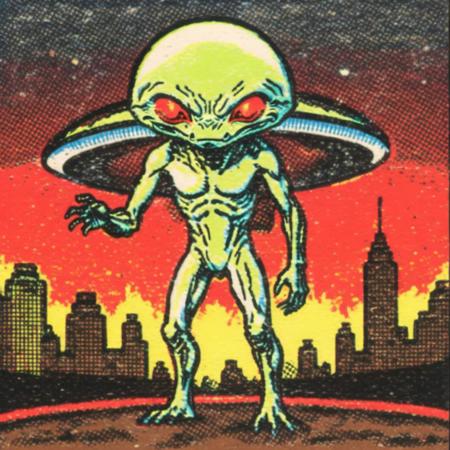 ASCIIVeryBadPrint , full body shot, Realistic ,  alien, martien, city skyline, space saucer,, night lights, heat, sweat,  dirty, mud