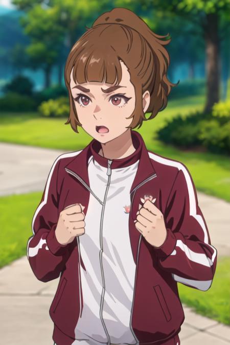 best quality, masterpiece, highres, solo, {saotome_ichina_birdiewinggolfgirlsstory:1.15}, brown_hair, short_hair, ponytail, bangs, open_mouth, brown_eyes, 1girl, blunt_bangs, blurry, blurry_background, jacket, track_jacket, outdoors, upper_body, closed_mouth, looking_to_the_side, red_eyes, red_jacket, thick_eyebrows