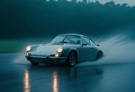 cinematic photo of a fast moving drifting classic Porsche 911, motion blur, moving tires, downpour, thunderstorm, heavy rain, Movie Still, Film Still, Cinematic, Cinematic Shot, Cinematic Lighting