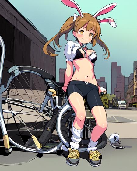 <lora:EtrianOdyssey:1>
(upper body)
(solo)
(1girl)(facing viewer)(smile)
(bunny girl)
in 
(bra, bike shorts, (), puffy short sleeves, socks, underwear)