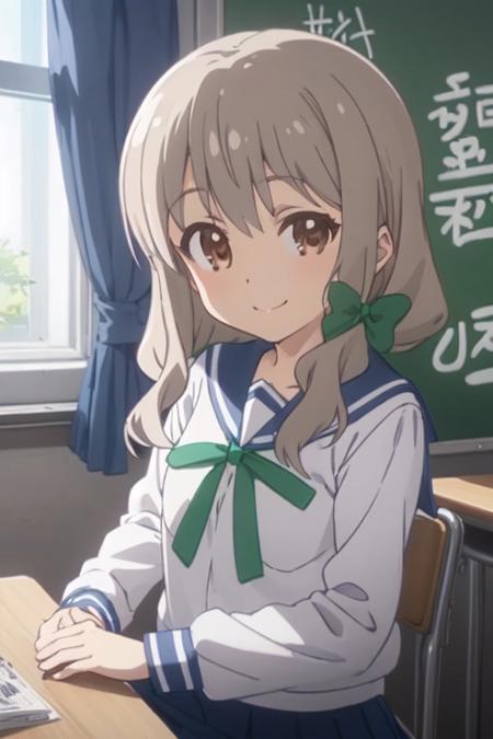 asteroid in love anime lineart, mari morino, brown eyes, long hair, gray hair, green ribbon tied in the left side of the hair, school uniform, long sleeves, thin green lace, long blue pleated skirt, black socks, brown shoes, siting on chair, classroom, looking at viewer, happy face