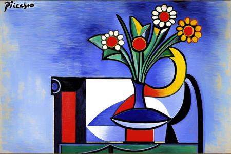 p1c4ss0, a abstract painting of a ((vase with flowers)), in the style of: Femme en chemise assise dans un fauteuil