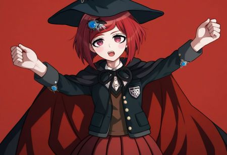 Himiko Yumeno, red hair, hair ornament, short hair, brown eyes, blush stickers, witch hat, jacket, vest, shirt, pleated skirt, pantyhose, boots