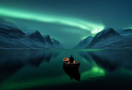 landscape, Norway, mountains, sea, fog, rain, 1 small wooden boat, jetty, armoured knight sitting on the boat, longing for a brighter future. the boat is in the middle of the water,  northern lights,the knight is big compare to the boat , ultra tiny oil lamp light underseat of the boat,
high contrast, stylized, clear, surreal, ultra quality , 8k, best quality, masterpiece, textural, artistic, midjourneyv6.1,