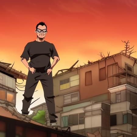 guttonerd2, a big man 80 meters tall, japanese monster style, manga, cartoon, destroyed buildings and houses post apocalyptic style, sunset, cinematic lighting