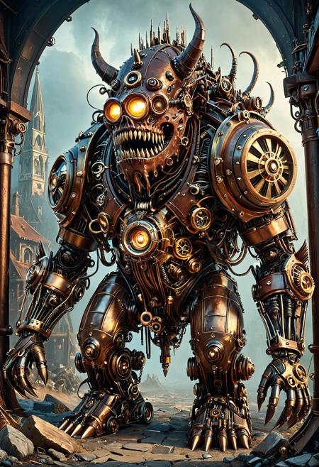 steampunk style of monster. antique, mechanical, brass and copper tones, gears, intricate, detailed, Apocalyptic surrealism art style, digital painting, eerie and haunting, surreal landscapes, dystopian ruins, twisted reality, dreamlike and nightmarish scenes, vibrant and dark color palette, intricate details, professional-grade execution, evokes a sense of doom and otherworldliness, qu4ntum SDXLposXL,