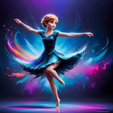 anna of arendelle, dancing diana, in a dynamic pose, capturing the energy and passion of her performance against a vibrant, colorful backdrop. The scene is brought to life with realistic touches, emphasizing her strength, grace, and the fluidity of her movement.