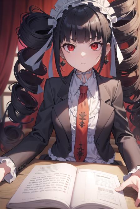 celestialudenberg, <lora:celestialudenbergtest-clean:1>, celestia ludenberg, black hair, bonnet, drill hair, earrings, long hair, (red eyes:1.5), twin drills, twintails,
BREAK bonnet, card, claw ring, frills, gothic, jacket, jewelry, gothic fashion, long sleeves, necktie, red necktie, shirt, white shirt,
BREAK indoors, classroom,
BREAK looking at viewer, BREAK <lora:GoodHands-vanilla:1>, (masterpiece:1.2), best quality, high resolution, unity 8k wallpaper, (illustration:0.8), (beautiful detailed eyes:1.6), extremely detailed face, perfect lighting, extremely detailed CG, (perfect hands, perfect anatomy),