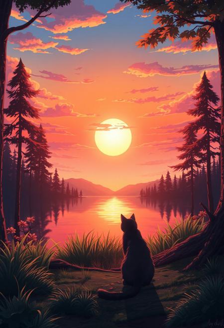 anime style sunset on a lake near the forest, one stray cat enjoying the view