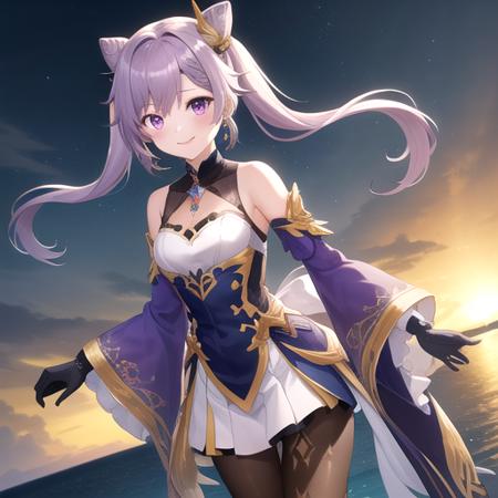 ((masterpiece)),(best quality),official art,extremely detailed CG,unity 8k wallpaper,ultra detailed,A lighthouse on a cliff by the sea,1girl,solo,cowboy shot,looking at viewer,purple_hair,white_shirt,cone_hair_bun,twintails,long_hair,purple_footwear,purple_eyes,hair_ornament,detached_sleeves,brown_pantyhose,purple_dress,bangs,bare_shoulders,purple_gloves,smile,choker,jewelry,frilled_skirt,medium_breasts,wide_sleeves,double_bun,frilled_sleeves,earrings,high_heels,<lora:Keqing(gen)>,