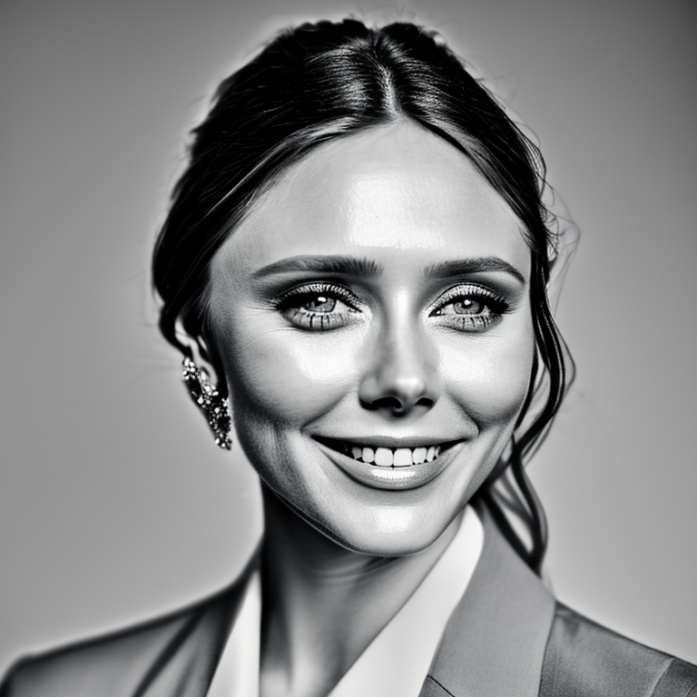 A close up glamour photograph of (Elizabeth Olsen)  smiling for the camera studio lighting gradient background clear face ...