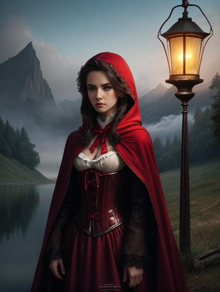 ethereal fantasy, magnificent, celestial, ethereal, painterly, epic, majestic, magical, fantasy art, cover art, dreamy, <lora:Detail - add_detail:0.2>,  RedRidingHoodCh,  red dress, corset, lake side, mist, fog, red cloak, red hood, red capelet, european woman, scared, afraid, shivering, trembling, lantern, cowboy shot, holding lantern,