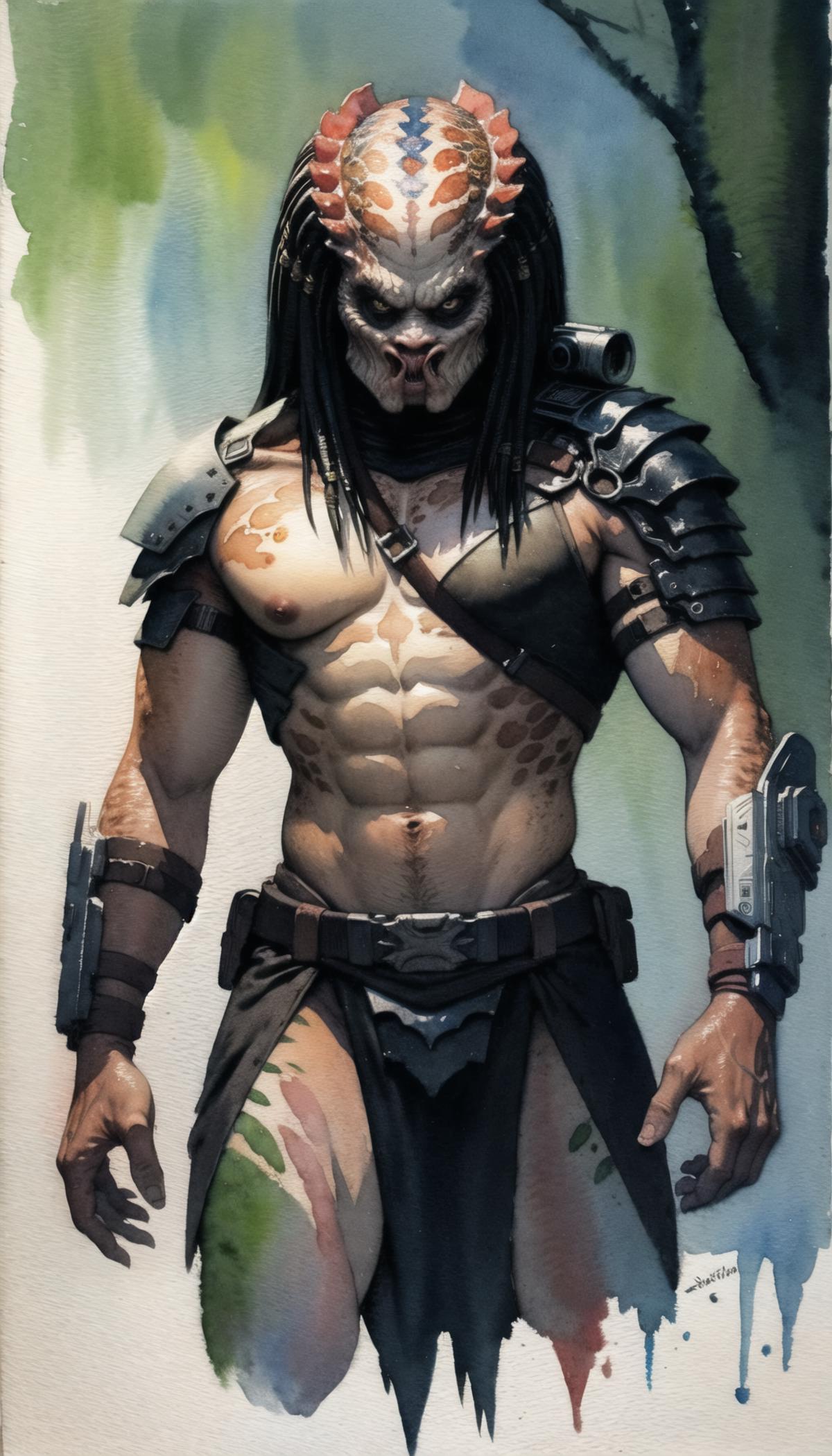A shirtless man with a spear and a necklace.