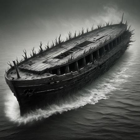 The hull of the ship emerging from the murky waters of the river, its black planks appearing charred and cracked. The sound of creaking wood echoes, and upon closer inspection, one sees distorted figures of souls trapped within the wood, their expressions of agony eternally etched into the planks.