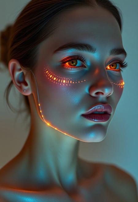 (subtle integrated LED body modification:1.5), (permanent LED makeup:1.6), (soft natural glow beneath the skin:1.7), ((embedded LEDs:1.5)) enhancing cheekbones, jawline, and lips, (gentle projected makeup:1.5), (earthy tones shifting with expressions:1.4), ((flawless radiant skin:1.8)), (futuristic elegance:1.4), ((warm LED glow enhancing facial features:1.7)), seamless, natural-looking tech-infused beauty, (soft under-skin glow:1.6), (delicate LED accents in natural hues around eyes:1.6), (high-definition:1.5), (perfect anatomy:1.6), (radiant smooth skin:1.7) with soft, warm integrated lighting, (permanent light contours:1.5), soft, neutral color projection, (hyper-realistic textures:1.7) blending LED with natural skin tones, refined facial definition, (glowing accents subtly enhancing natural beauty:1.7), (high-resolution:1.5), advanced tech enhancing timeless beauty, (soft natural glow as makeup:1.7), (refined, earthy color transitions), radiant yet understated