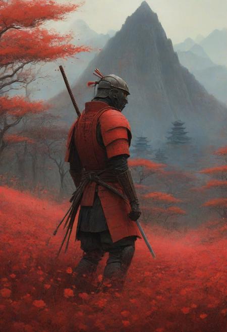digital artwork by Beksinski, samurai, flowers, vibrant colors, red theme, gray theme, armor, trees, fuji mountain