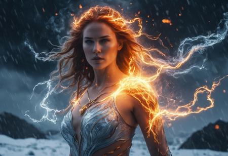 An elemental goddess stands in the center of a dark storm, her face perfectly split between blazing fire and piercing ice. Her eyes glow with raw energy—one golden like a supernova, the other pure white like frozen lightning. Her fiery side burns with swirling flames, lava cracks glowing on her skin, while the icy side releases frost, snow, and mist, her flowing hair turning into smoke and ice tendrils. The camera slowly circles her as magical particles rise and fall around her. Thunder rumbles faintly in the distance, and glowing embers spiral into the sky. Her power pulses outward with each breath. Ultra-detailed, epic cinematic lighting, 4K, high fantasy animation, dark background, dramatic elemental effects, slow motion, mythic tone.