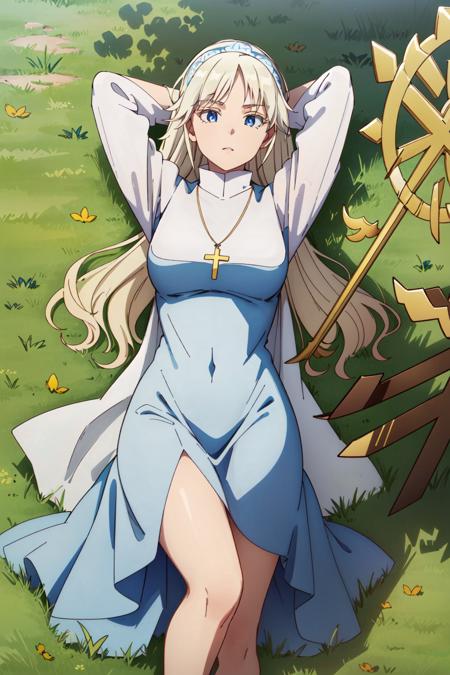 white background:2, <lora:BeastTamer_Mina_by_minion-10:0.7>, mina, blue dress, white dress, habit, cross necklace, holding staff, cowboy shot, lying, arms above head, legs crossed, blue sky, grassy field, looking at viewer, 1girl, solo, high contrast, sharp focus, masterpiece, best quality, highly detailed, HDR, highest quality, highres, sharp focus, 8k, 16k, skin pores, dynamic lights, realistic shadows, best shading, award winning masterpiece