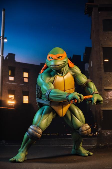 <lora:TMNTMichelangelo-10:0.8>(RAW photo, real life, absurdres, high quality, photorealistic, detailed, realistic:1.3), (solo:1.3), a high resolution photo of a TMNTMichelangelo, a teenage mutant ninja turtle with an orange bandana mask with eye-holes, fight stance pose, on a city rooftop at night, city buildings and dark night sky in background, cinematic, atmospheric, 8k, realistic lighting, shot by Hassleblad H6D, Zeiss, Kodachrome, nikon, 50mm 1.2 lens, Octane Render, ultra realistic, realistic lighting, photorealistic, photorealism, photoreal, unreal engine 5, Adobe After FX, highly detailed, intricate detail