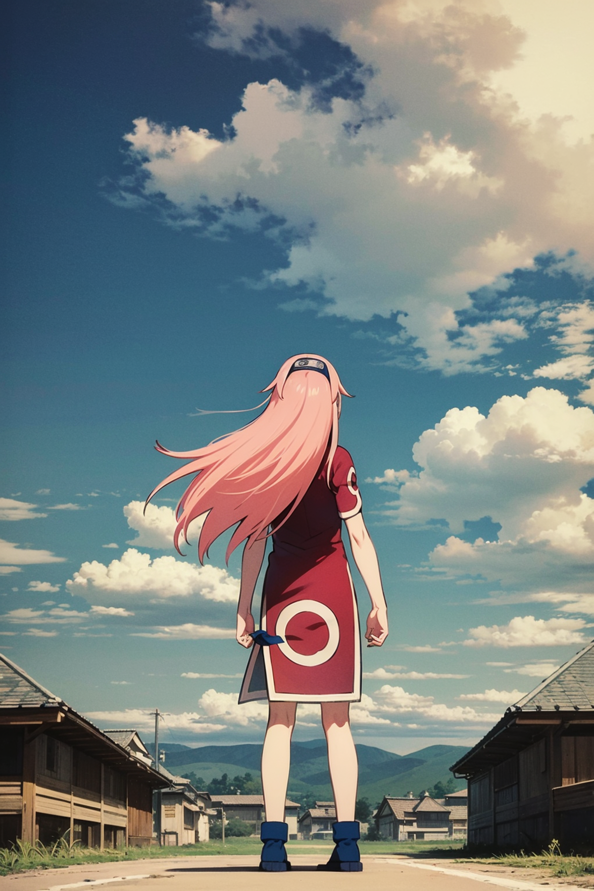 Anime character with pink hair and a blue dress holding a sword.