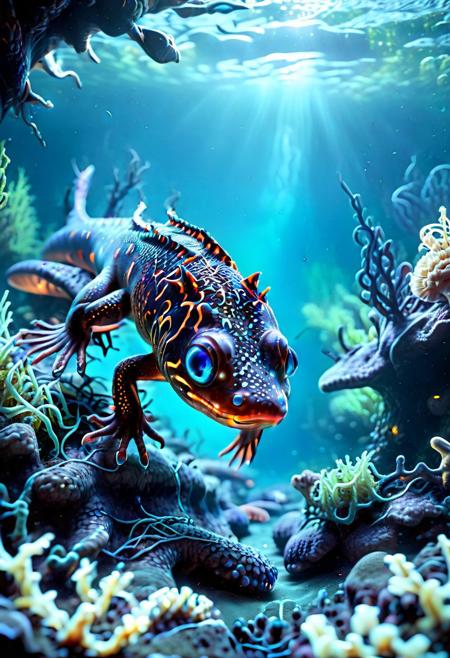 nature documentary still, high quality photo, analog photo, deep dark underwater abyss, realistic,  view from  above, a large bioluminescent salamander with small eyes any many needle like teeth emerges from shadow, the deep ocean, swimming towards the camera, deep sea photo, salamanders blue glow illuminates the dark