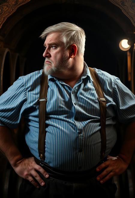 seen from the side front halfprofile, professional model photograph with dramatic lighting, dark night, dark background, lowlight, in dark wine cellar,  stereotypical traditional bavarian german granddad, tall big man with large belly, deep blue-green eyes, bushy eyebrows, pale blonde hair, big bushy eyebrows, tanned sun-kissed skin, lederhosen, bavarian leather pants, leather suspenders, small golden earring, stern serious arrogant dominant personality, disgusted arrogant expression, hands on hips