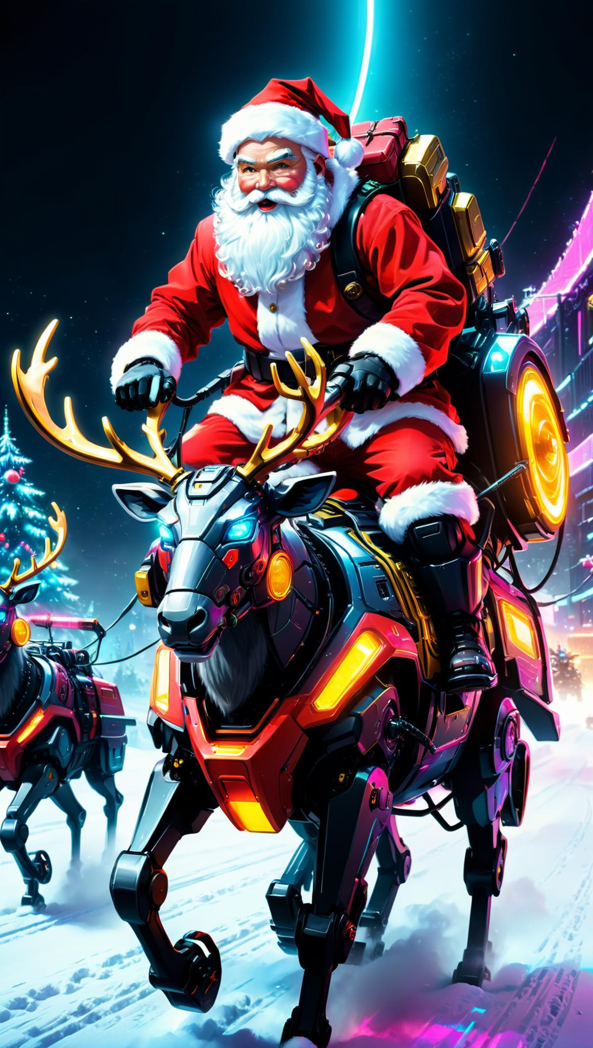 A Christmas-themed illustration of Santa Claus riding a robot deer with orange wheels, possibly a horse or a mechanical reindeer.
