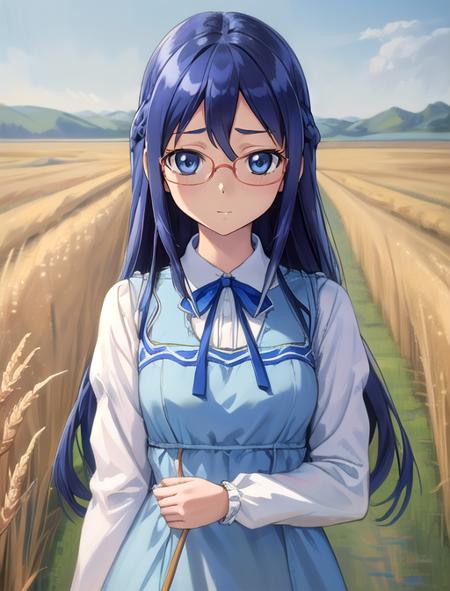 best quality, masterpiece, highres, detailed, digital illustration, <lora:Tools - add_detail:0.2>, RikaHishikawa, blue eyes, blue hair, long hair, <lora:Character - RikaHishikawa:0.8>, white sleeves, blue dress, ribbon, long sleeves, coy, field of wheat , upper body , glasses,