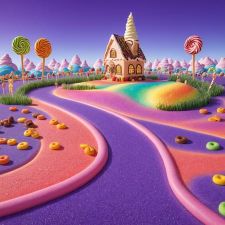 Highly detailed intricate masterpiece, 8k, colorful, rainbow, Full background, sweetscape, 3d, isometric view, black race track made with sugar colorful piping drizzle and glaze with intricate detailed road with piped track markings and a glitter finish, along the side of the track are oversized doughnuts , lollipop trees,  a house made of candy, a gradient sky above, a ice cream mountain in the background, purple grass<lora:SWEETSCAPE_XL:1>,