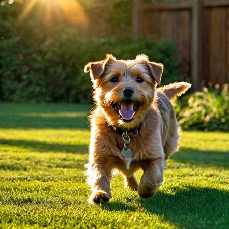 Norfolk Terrier, 
mid-tumble over a well-worn football, 
tongue lolling out in a wide grin, 
evening golden light casting elongated shadows, 
playful scene unfolding in a lush, 
green backyard, 
focus on gleeful expression, 
fur texture detailed, 
dynamic motion blur emphasizing playfulness, 
shallow depth of field with bokeh effect in background, 
sun flare, 
digital painting, 
vibrant color palette, 
high resolution.