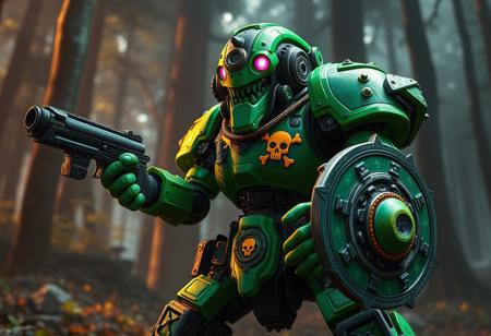 A vibrant green Ancient Gear Golem robot in a dynamic action pose, holding a gun and shield, yellow skull and crossbones emblem on chest, intricate mechanical details, against a dramatic Ancient Forest background with volumetric lighting. Cinematic keyframe, Octane render, Unreal Engine 5, HDR, depth of field. Highly detailed, sharp focus, trending on Artstation, CGSociety, Splash Ink Illustration style.
