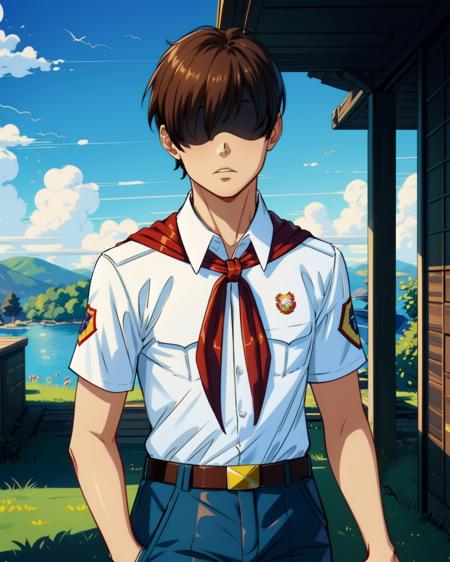 blpioneer, covered eyes, shadow on eyes, brown hair, white shirt, red badge on shirt, red bow-tied neckerchief, leather belt, blue shorts