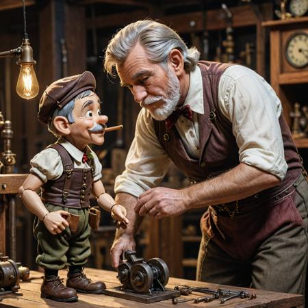 victorian style carpenter  steampunk Geppetto making  steampunk  wooden man Pinocchio  elf with frank frazetta style ,  32k UHD high resolution, highres, professional photography, intricate details, masterpiece, perfect anatomy, cinematic angle, Realistic photo, cinematic lighting, cinematic view