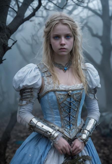 Close Up shot of  Alice from the Wonderland  fairytale as a princess warrior, she IS a very beautiful girl,  blonde hair, beautiful, victorian  light blue and White dress, silver armour, dirt  clothes, wind, at night, fog, mist, she IS in tree laberinth, National Geographic photography awarded masterpiece