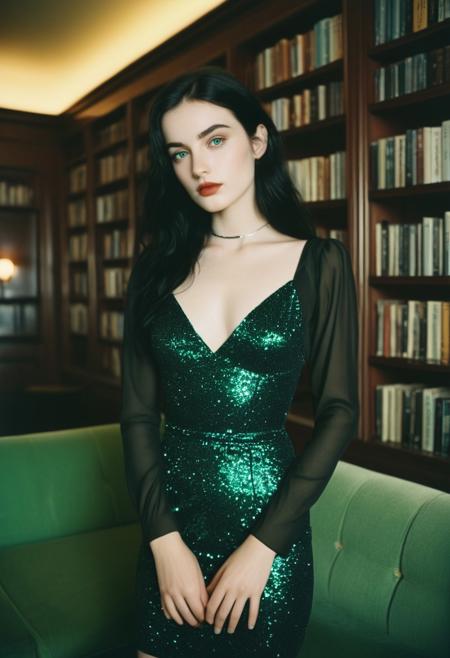 analog film photo of skin texture style
A cinematic Polaroid photography of a grunge slender girl wearing a (an elegant dark green neckholder dress with glitter and deep neckline), broad straps, small breasts, very deep cleavage, belly button, film still, sharp, detailed, perfect, perfection style, Kodak, film, fujifilm, technicolor, vivid color, spotlight, amateur photography style, bright light, flash photography style, cowboy shot, white light, over exposed style, Polaroid style, 1girl, solo, blue eyes, long black hair, green eyes, parted lips, lips, portrait, , wide hips, small waist, age 21, realistic,  traditional media, science fiction, teeth,St_Goth_style,  blurry,
, faded film, desaturated, 35mm photo, grainy, vignette, vintage, Kodachrome, Lomography, stained, highly detailed, found footage, (detailed background, art deco style hotel lobby room, bookshelf, Couch)