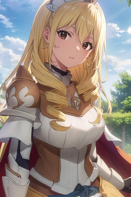 bozescopalesti, <lora:bozes co palesti s1s2-lora-nochekaiser:1>,
bozes co palesti, long hair, blonde hair, (brown eyes:1.5), drill hair,
BREAK skirt, gloves, cape, armor, shoulder armor, gauntlets, jewelry, earrings, breastplate,
BREAK outdoors, forest, nature, sun, sky, clouds, trees, grass,
BREAK looking at viewer, (cowboy shot:1.5),
BREAK <lyco:GoodHands-beta2:1>, (masterpiece:1.2), best quality, high resolution, unity 8k wallpaper, (illustration:0.8), (beautiful detailed eyes:1.6), extremely detailed face, perfect lighting, extremely detailed CG, (perfect hands, perfect anatomy),