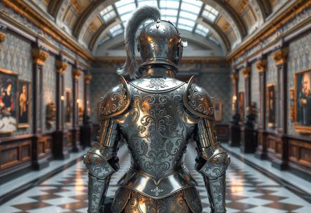 A breathtakingly detailed female suit of armor stands as the centerpiece of a grand museum exhibition. The silver-plated masterpiece shines under carefully curated gallery lighting, its surface adorned with intricate floral engravings and delicate filigree work. The helmet’s elegant plume cascades down the back, suggesting noble lineage, while the articulated breastplate, gauntlets, and greaves showcase masterful Renaissance-era metallurgy.Created as a flagship asset for next-gen game cinematics or museum VR experiences. Currently featured on ArtStation’s trending page for its unparalleled attention to: