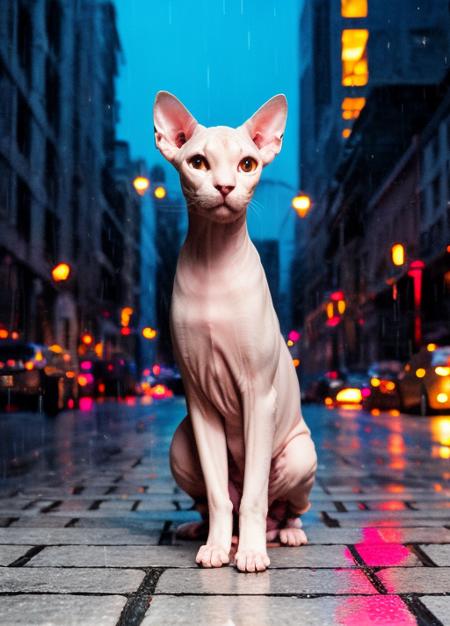 sphynx  in  suit in city night, rain, wet, professional lighting, photon mapping, radiosity, physically-based rendering, <lora:sphynxCATlora:1>