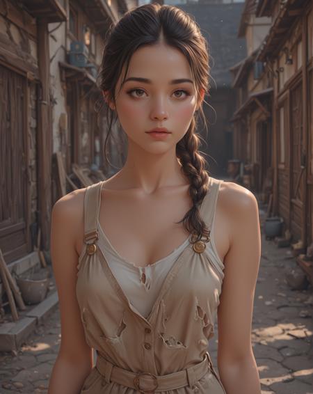 Beautiful female country girl. Highly detailed face. Seducing detailed expressive eyes. (Wearing only overalls and a ripped torn tank top:1.2). Dutch Braid Pompadour hair. Old House. Desolate landscape. Dustbowl. Bright sunny day. Photorealistic, Natural atmospheric lighting, intricate details, 35mm photograph, film, professional, 4k visuals, highly detailed, elegant, studio quality.